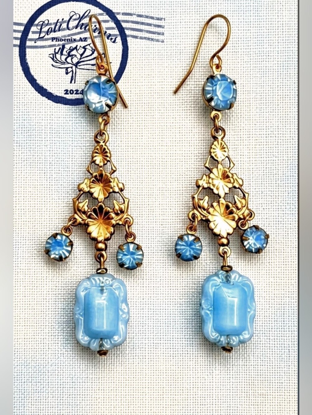 Victorian Blue Opaline And Air Blue Opal Crystals In Long Chandelier Earrings